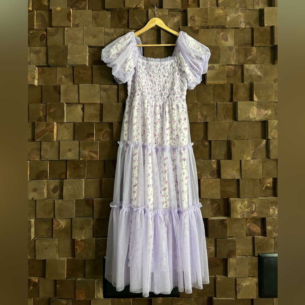 Lavender Floral Lined Smocked Tulle Maternity Midi Dress